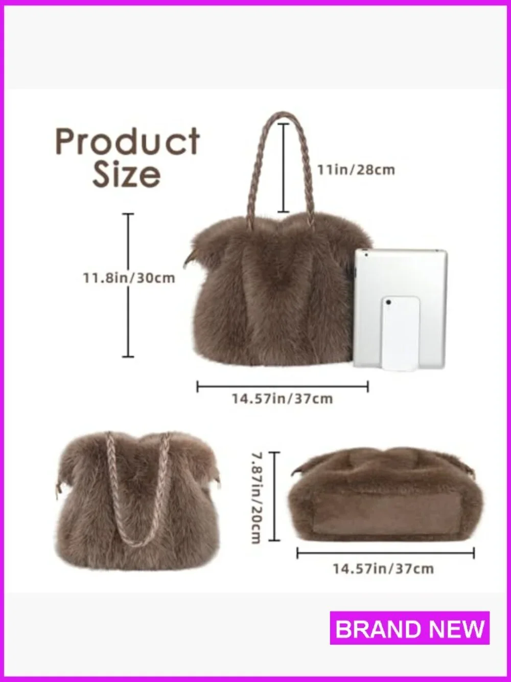 Faux Fur Handbag Soft Fluffy Winter Purse Satchel with Top Handle and Zipper